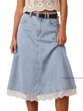 Lace Trim Denim Midi Skirt High Waisted A-Line Pockets Flowy Jean Skirt